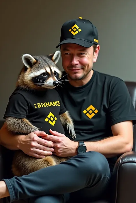  A raccoon dressed in a Binance shirt, wearing a Binance hat on Elon musks lap , Showing their faces