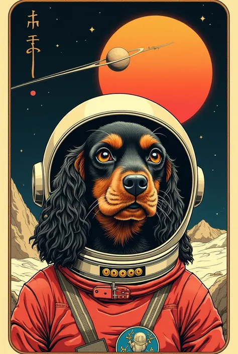 " An art nouveau tarot card with a Japanese-style cocker spaniel ukiyo-e wearing a retro-futuristic astronaut helmet I want it to be a detailed shot of his eyes and snout. The background is a lunar landscape with Saturn rising . Vibrant and contrasting col...