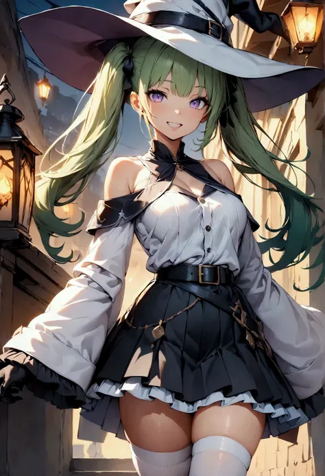 (masterpiece),(best quality),(ultra-detailed),(best illustration),(best shadow),(detailed background), 1girl, solo, hat, gloves, thighhighs, witch-hat, long-hair, black-gloves, green-hair, simple-background, belt, white-thighhighs, twintails, purple-eyes, ...