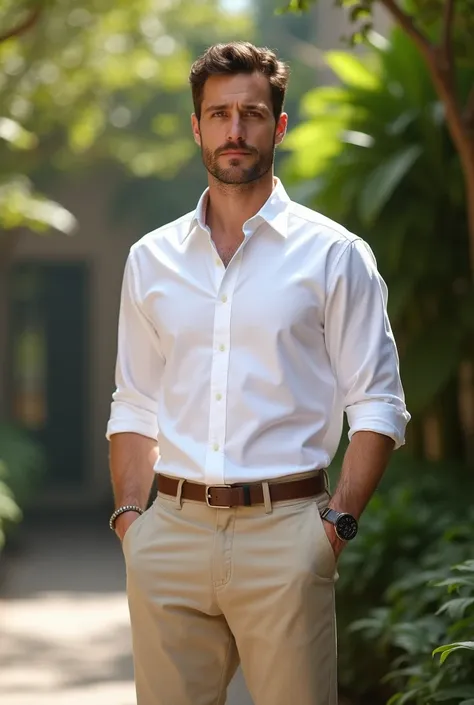 Combination of mens clothing, white shirt and canvas pants