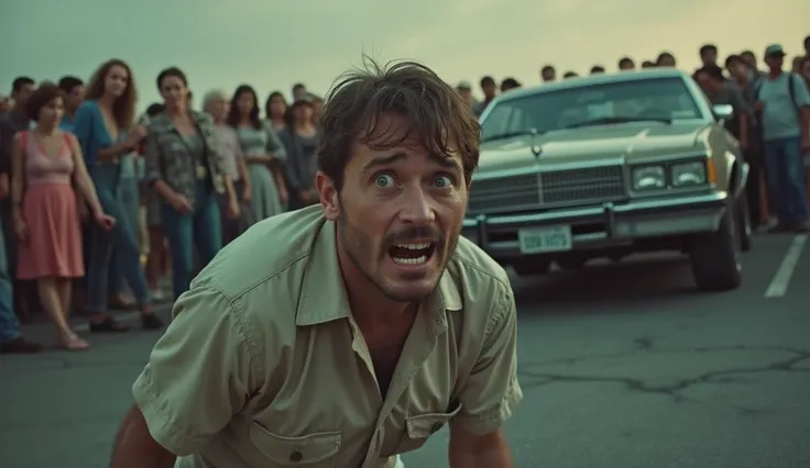 An overview of a man in his thirties,  looking panicked in front of a modest car from the 80s, sur un parking, surrounded by a crowd 