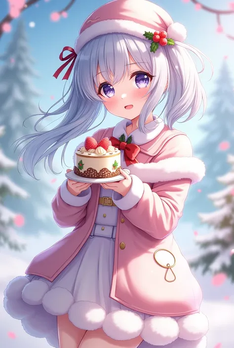 Anime girl, phosphophyllite, christmas suit, cake holding 