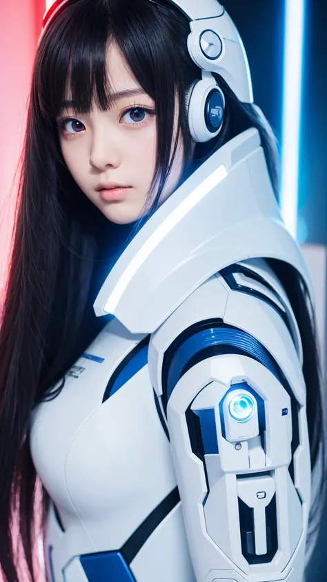 super beautiful face, japanese girl,  long straight hair, high school student, anime style, white cyborg suit, blue light, laser beam