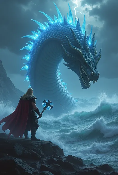  A sea serpent with luminous fins and a dragons head emerging from the waters next to Thor, as he wields Mjolnir in a stormy ocean .”