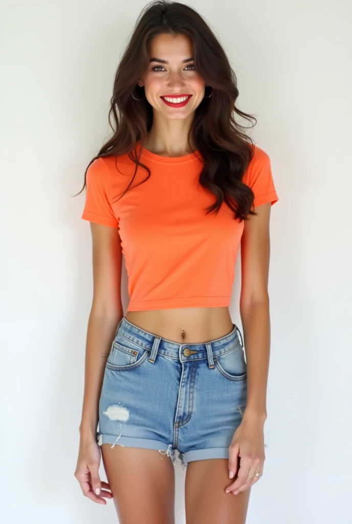 cute brunette woman on the white background, wearing a tight bright t-shirt  and jeans shorts, red lips, posing, standing,