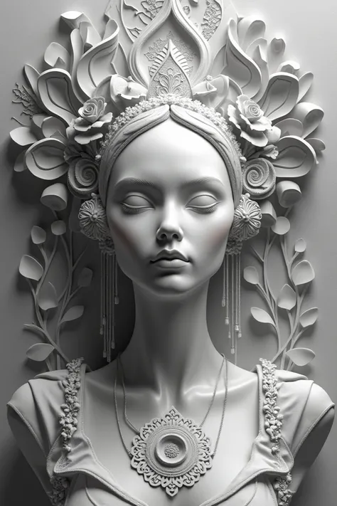 A monochromatic and intricately detailed bust of a humanoid figure, with delicate, ornate features reminiscent of fine sculpture. The face is symmetrically flawless, with sharp eyes and an expression of serene elegance. Surrounding the figure is an intrica...