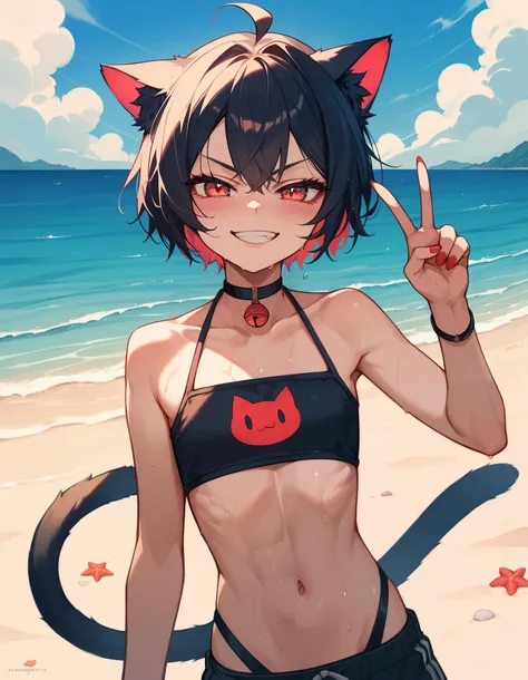 (Masterpiece), (best quality), (highest quality), Anime, Beach, 1girl, solo, (young), (evil smirk), cat girl, cute girl, best body, (v-shaped sign), blushing, sweaty, 4K, highest resolution, best upscale,