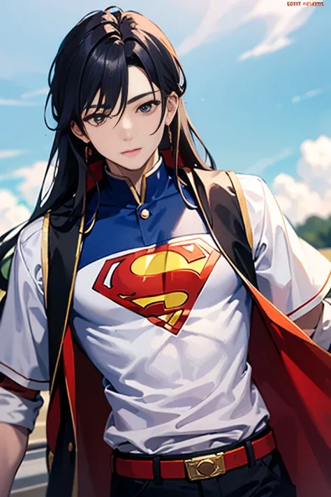 (  best quality), (  best quality), (  best quality), () Backstreets, 18 years old beautiful Japanese young man with a cool and handsome face,   Superman Costume, 18 years old,   Slender Macho Man, 190cm, Long Hair,   long bangs  ,