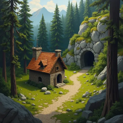 DnD ,  Vertical view from above .  Located in a clearing in the forest .  In the middle of the forest, a small old medieval rectangular hut. View inside the DnD several rooms .  highly detailed oil painting . On the right is a mountain and the entrance to ...