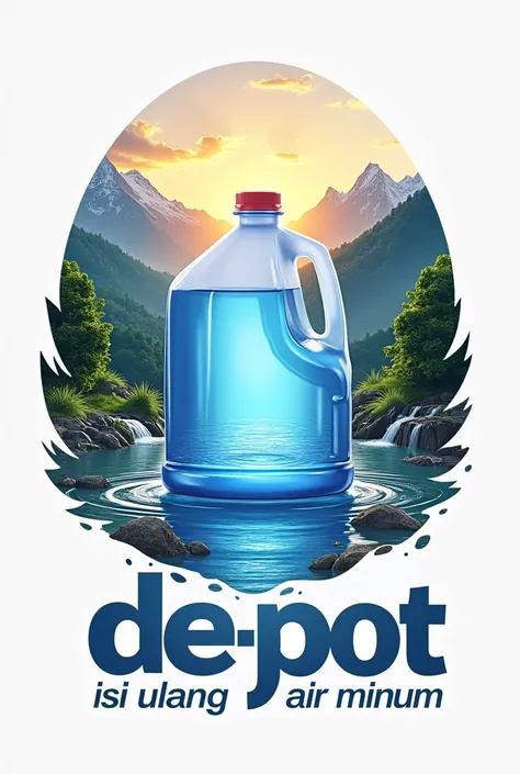 a modern logo with an attractive shape with a view of mountains and flowing mountain water, and a gallon in the middle, illuminated by sunlight, and shiny, and lots of water seeping into the gallon aqua, and it says "DEPOT ISI ULANG AIR MINUM" with appropr...