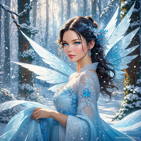  High-quality digital painting of a magic fairy from a winters tale,  flying over the snowy forest ,    she flaps her wings ,   fantasy art, Ether, luminous,  enchanted forest , snowfall,  the subtle features of a beautiful face , длинные струящиеся white ...