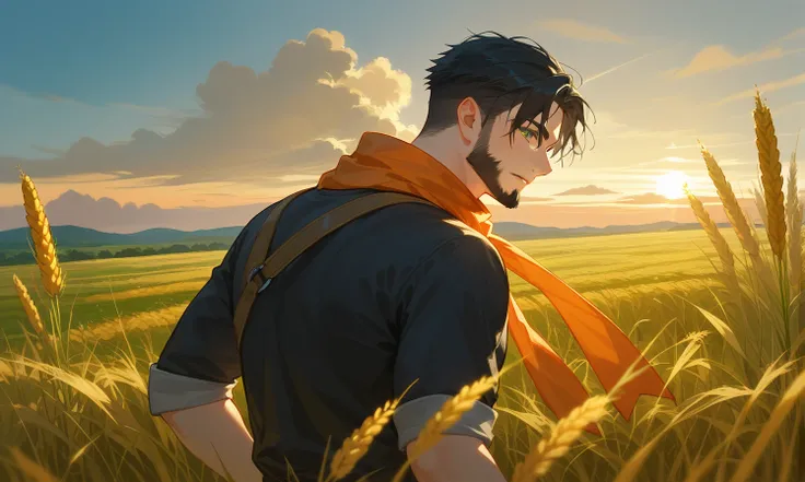 Anime man, farmer with beard, black hair white hair bangs, elf, green eyes, in a field of wheat, warm light sunrise, dawn vibes, summer vibes, detailed, ((anime man)) blue dungaree, black shirt, orange scarf around the neck, halfbody, dynamic pose, wheat o...