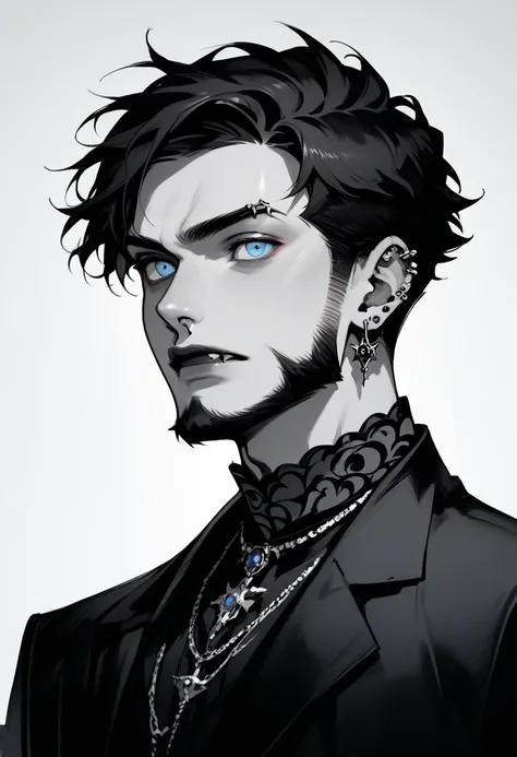 Gothic boy,  short hair , with a lot of beard ,  vampire fangs , looking at the spectator, simple gothic background, blue eyes  ,jewelry,monochrome ,greyscale, piercing, formal dress