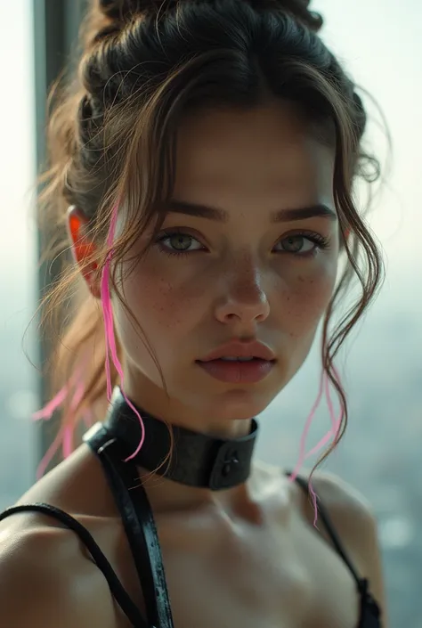 Futuristuc skyscraper window above the ckouds,Closeup,,Twisted updo hairstyle,girl,body wrapped in black tape,Braided brown hair with pink streaks,bare neck,glossy eyes,pale skin,Photorealistic,Black eye makeup,freckles on nose ,Closeup, Caucasian girl,gli...