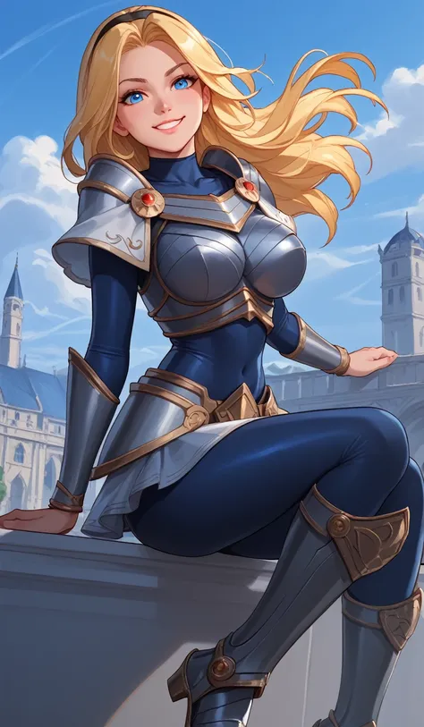 score_9, score_8_up, score_7_up, score_6_up, score_5_up, score_4_up, LuxLoLXL, blue eyes, blonde hair, long hair, black hairband, medium breasts, collarbone, shoulder armor, armor, blue bodysuit, breastplate, long sleeves, faulds, skirt, blue pants, armore...