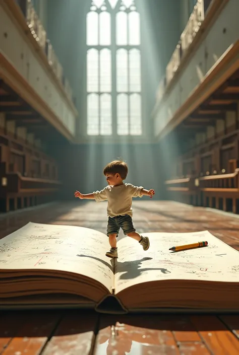 A tiny boy dancing on a huge notebook, the whole environment is very large, at school. 