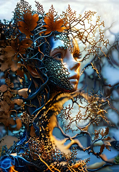 ral-copper wire statue of a woman by aaron horky,  fractalvin made of fractal vines ,  ral-bluesresin  , full-length masterpiece...