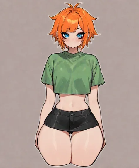 2girl, short Hair, blue eyes, long orange spiky hair, Bangs, ,, narrow waist, squishy thighs, beautiful body, Blush,  short black mini skirt, green crop top, fit upper body,, emo,, eyeliner,, short torso, small lean body, wide hips, thigh gap