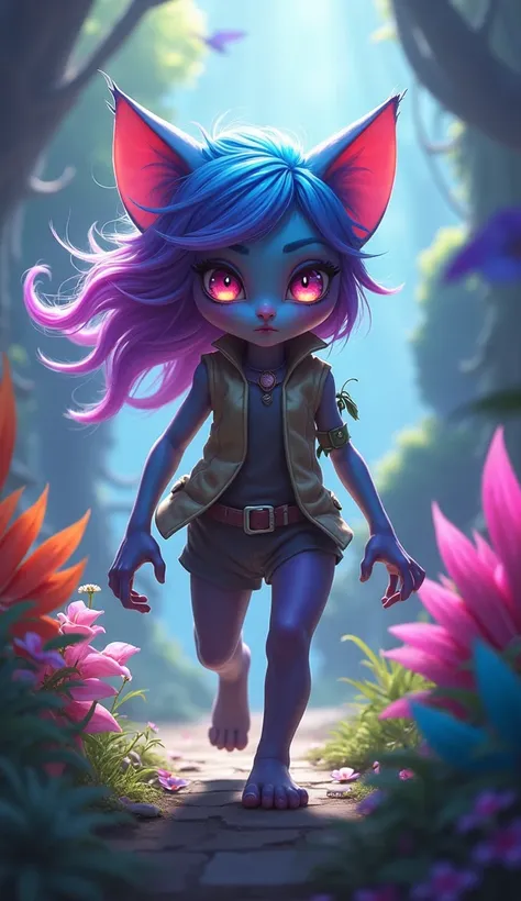 Create an image of the character Neeko from League of Legends curious chameleon with illusory powers with a real human appearance with colored hair walking through a setting 