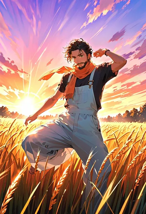 Anime man, farmer with beard, black hair white hair bangs, elf, green eyes, in a field of wheat, warm light sunrise, dawn vibes, summer vibes, detailed, ((anime man)) blue dungaree, black shirt, orange scarf around the neck, halfbody, dynamic pose, wheat o...