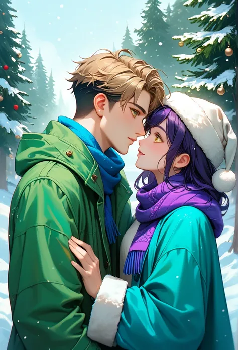  romantic Christmas scene in a snowy square . Nathaniel ,  attractive young man with short and carefully styled blond hair ,  wears a dark gray coat and a blue scarf that highlights her yellow eyes .  He is leaning towards Nalu ,  a young woman with long w...