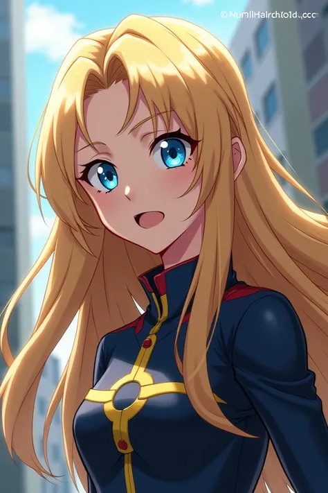 My Hero Akademy girl with long blond hair with blue eyes 