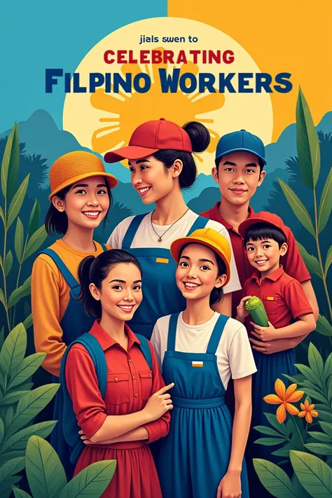 Create a vibrant digital poster showcasing the diversity of workers in the Philippines. Feature individuals from various professions such as farmers, teachers, healthcare workers, artisans, and businesspeople. Incorporate traditional Filipino elements like...