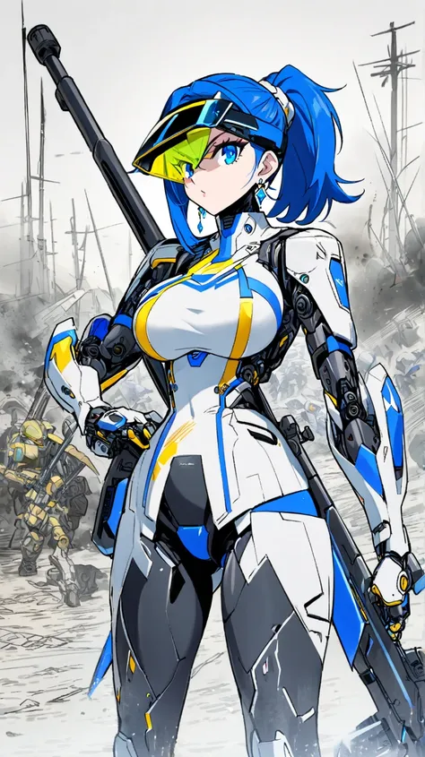  1 girl,  ponytail, ((Lazuli color here)),crystal earrings,  Big Breasts ,  blue eyes,   Katyusha, cool, close your mouth, Cyber,have sniper rifle,cyborg, character design drawing, battlefield,stand up straight,cyber visor