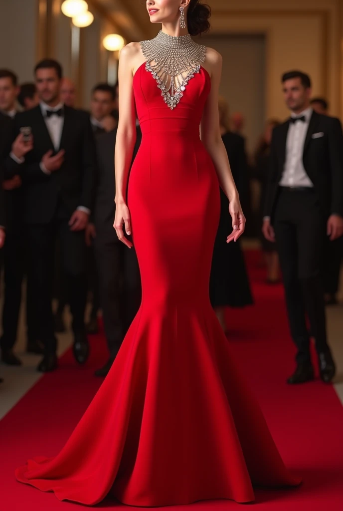 Model of red dress with neckline and rhinestones mermaid design 