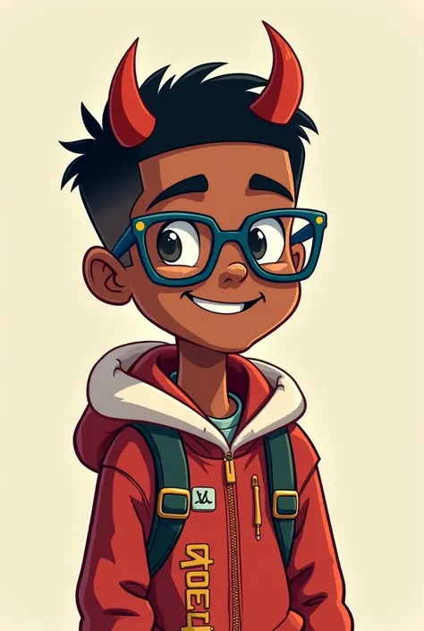 2D cartoon style, Young man with black skin, with very short military hair ,  with dark blue glasses,  with Christmas costume and with devil horns