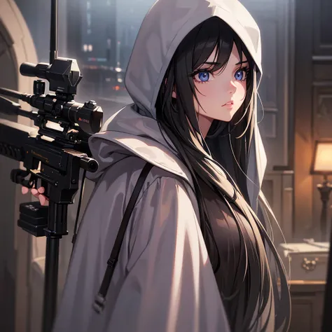 girl with long hair wearing oversized hoodie,holding bolt-action sniper rifle,beautiful detailed eyes,beautiful detailed lips,extremely detailed face,long eyelashes,photorealistic,8k,hyperdetailed,cinematic lighting,dramatic lighting,moody atmosphere,chiar...