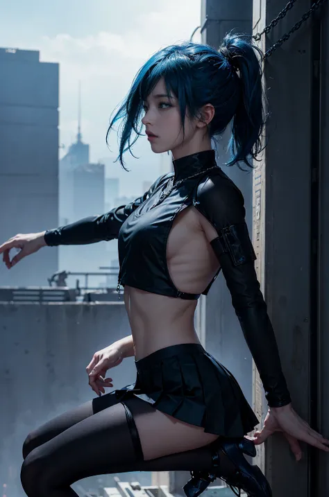  cinematic lighting 、  very detailed skin  , 1 girl,  best quality, Cyberpunk,(Dim color, Calm tone:1.3),( 20 year old beautiful woman 、 Beautiful Facial Features 、 medium blue hair 、 shoulder-length hair 、 blue eyes、rosary necklace)break,break、 wear a bla...