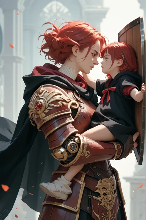 A short, red-haired girl carrying a mechanical shield in her hand. A black cloak is more visible on her back, and a 
mahogany armor is worn on her body