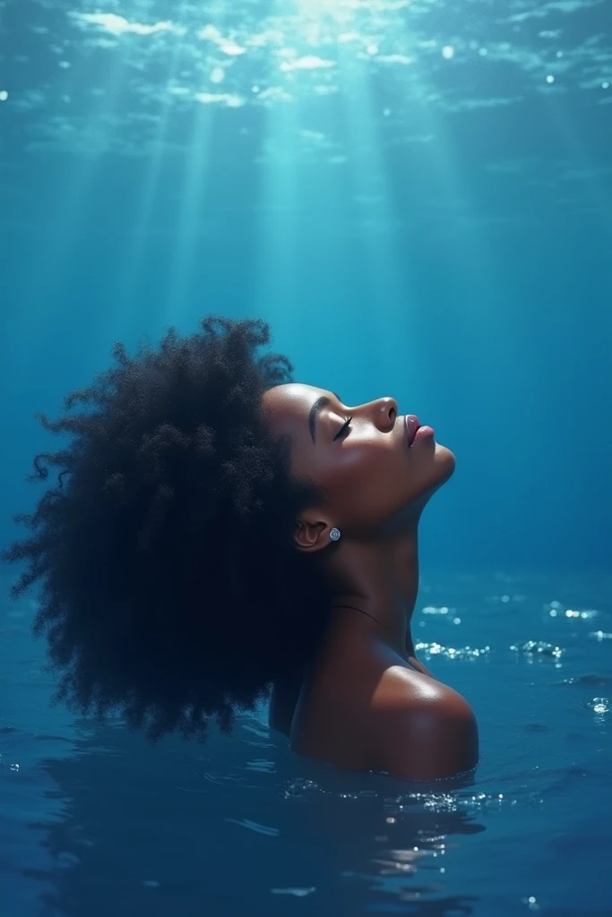 Create for me a drawing of a black woman with curly hair, eyes closed with her head extended upwards and a background of the image with various types of ocean blue, but I want this girl more framed at the bottom of the image and more empty blue at the top 