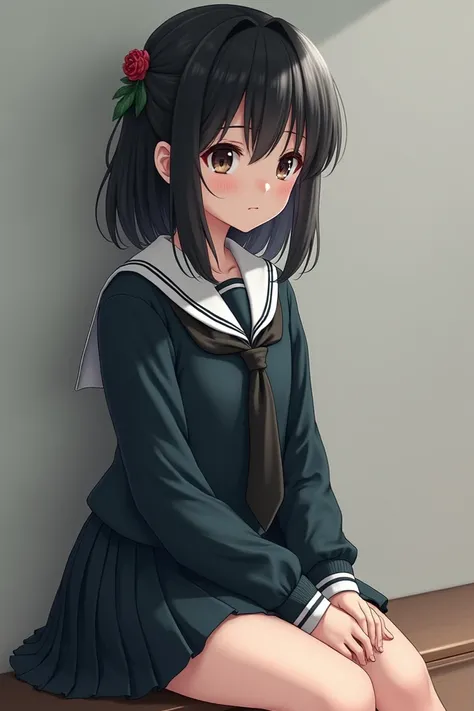 Picture of a young girl with black hair ,  schoolgirl and school uniform sitting