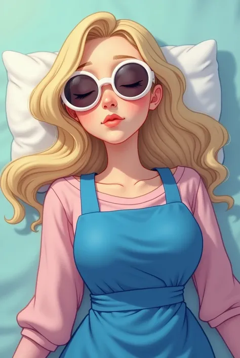  Psychopedagogue woman light hair almost shoulder-length blonde fair complexion ,  long eyelashes honey-colored eyes , royal blue apron for psychopedagogue long sleeve , red lenses .
Sleeping ,  long sleeve apron that is optical lenses not sunglasses that ...