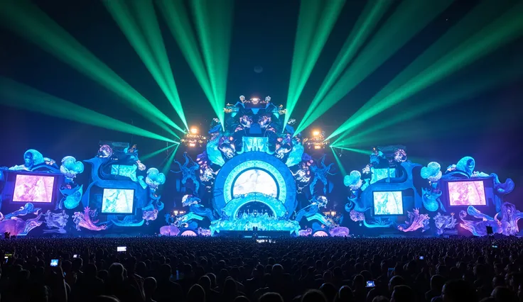  A gigantic electronic music festival at night ,  bringing together millions of people in front of a Monumental stage with an underwater theme.  The stage presents a futuristic structure inspired by a submerged world ,  with elements such as glowing corals...