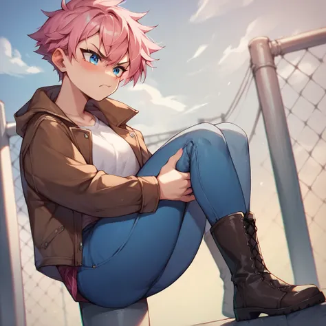 a tomboy with pink hair and blue eyes. she looks angry and blushing. she is standing on a school rooftop. she is wearing a brown leather jacket with a white tshirt, blue jeans, and black boots. close up.