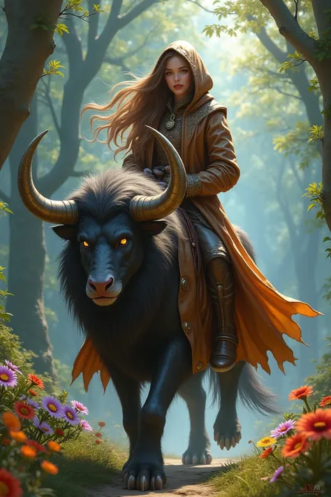  Create a beautiful Magic the Gathering boy with voluminous and smooth hair , gold and blue eyes , wearing a metallic brown overcoat adorned with a hood over his head in a flowery forest and him riding a walking beast