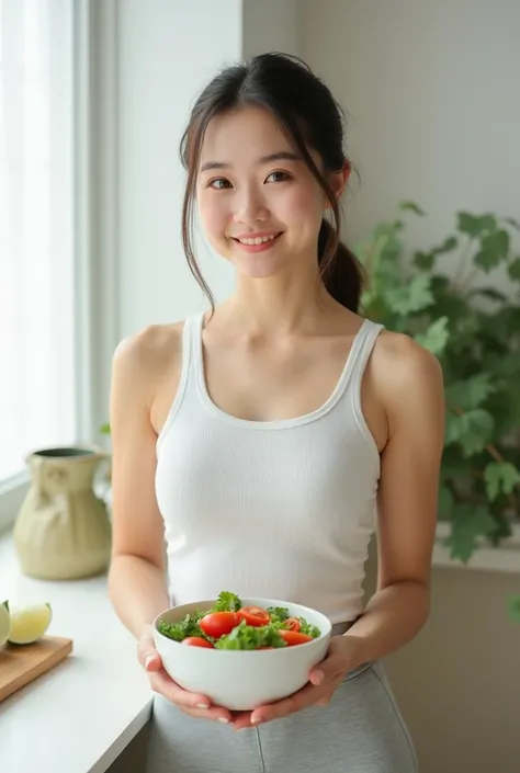 A woman wearing white basic rib singlet and leggings with little smile, looking into the camera and carrying a small white bowl of vegetables and tomato salad 