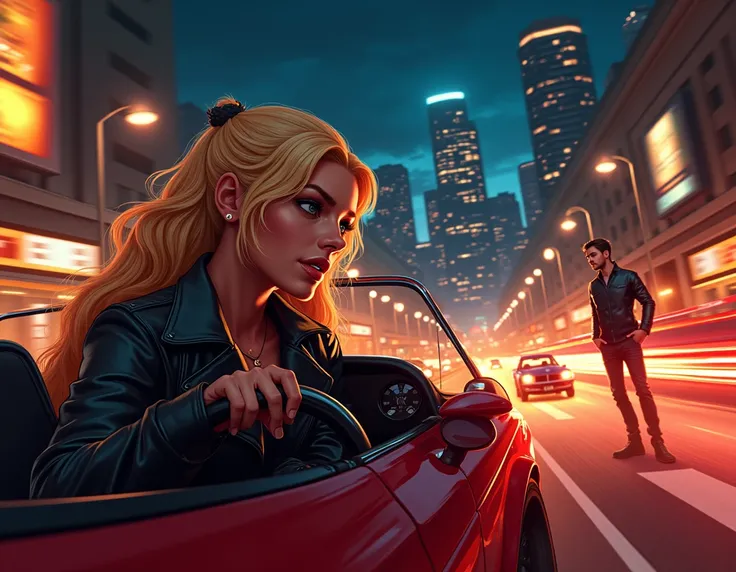 " The book cover features a vibrant Portland scene at night ,  with the illuminated skyline and racing cars passing quickly through the streets. in the center, Arya Sinclair,  blonde and confident ,  is behind the wheel of his car ,  with an expression of ...