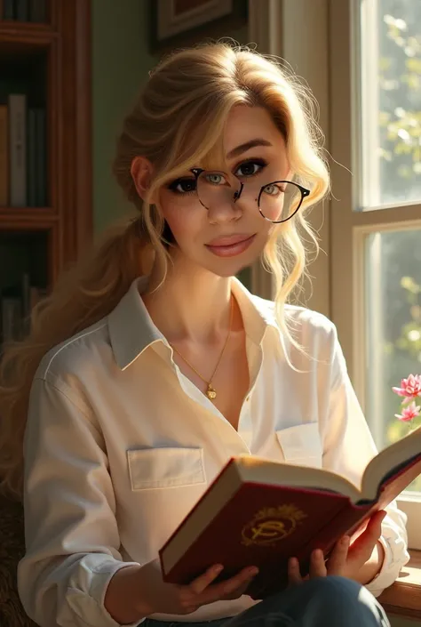 Create a woman with wavy hair tied with blonde lights who wears glasses and is holding a book