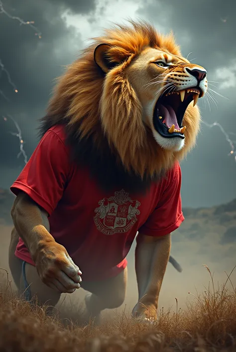 Image of a roaring lion wearing a red t-shirt