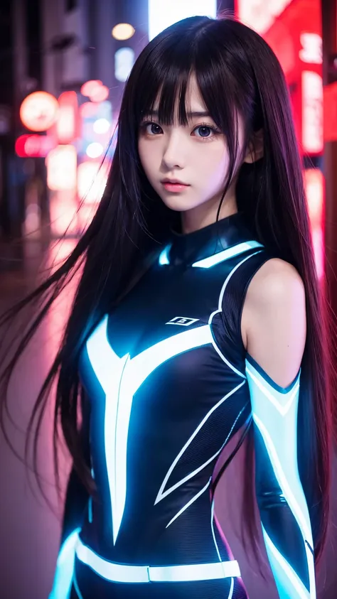 super beautiful face, japanese girl,  long straight hair, high school student, anime style, body suit, blue light, laser beam