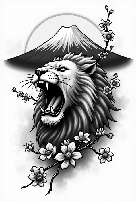 Make a design of a lions head and Mount Fuji where the mountain is bigger than the lion, in black and white for a tattoo
Make another idea and add peach blossoms 
Make another idea with these indications 
Make the lion roar
Make the lions roar move the flo...