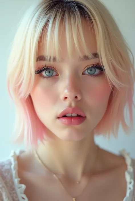 (( Very realistic )), ( super real), If you use 、Very realistic images are generated , white back drops ,,15-year-old female,blond short bob hair with pink tips, hide your forehead with bangs , blue eyes,Long False Eyelashes, Thick lips, clear eyeliner 、 O...