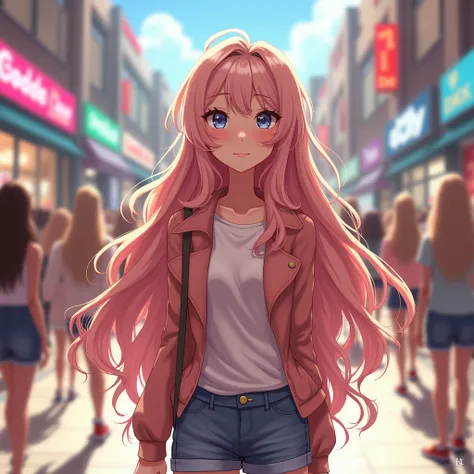 Beautiful animated girl with long wavy hair, In a mall with her friends