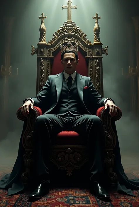  Antichrist sitting on a throne he wears a suit and has a crown on his head. He is the owner of the world .