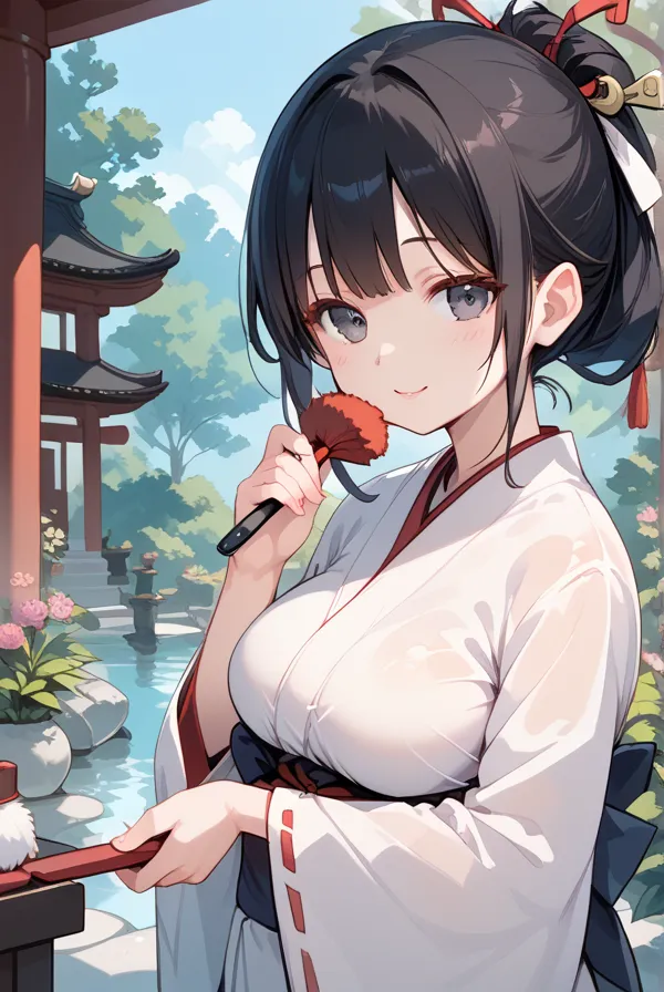 Black hair, Japanese shrine maiden, shrine, cleaning, garden