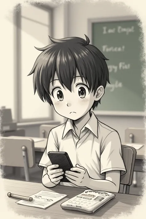  is projected on the screen of his cell phone. It generates a pencil image with an old anime style of a boy looking at his cell phone against a class background, and an image of a granola bar called Energy Fit 